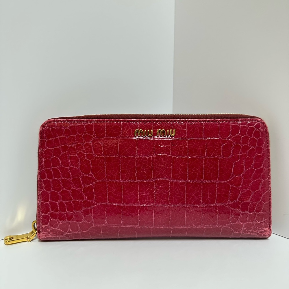 Miu Miu Patent Leather Snake Print Full Zip Large Wallet, Reddish Pink, VGUC